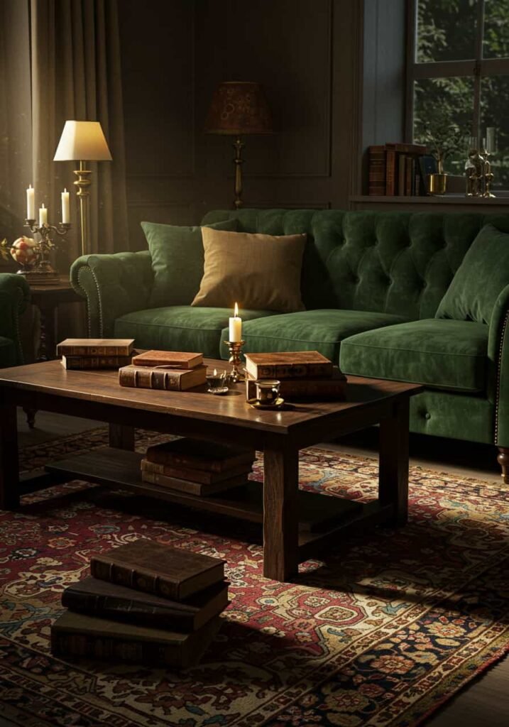 Living Room with Vintage Books and Candles
