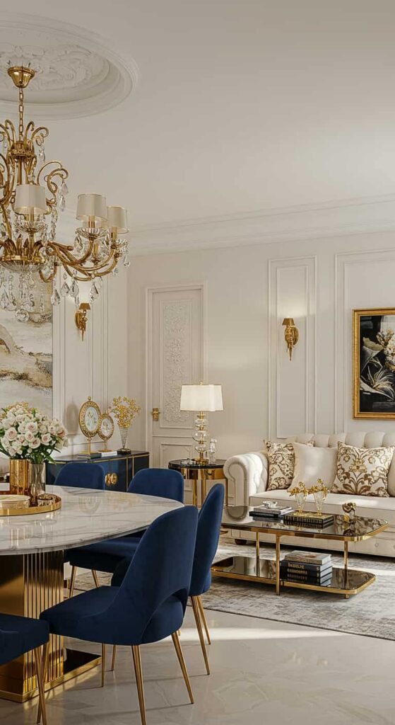 Luxurious Living and Dining Combo with Gold Accents
