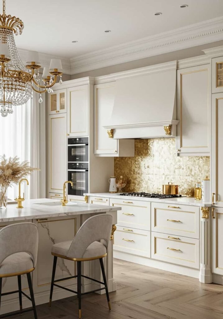 Luxury Gold-Accented Kitchen with Statement Lighting
