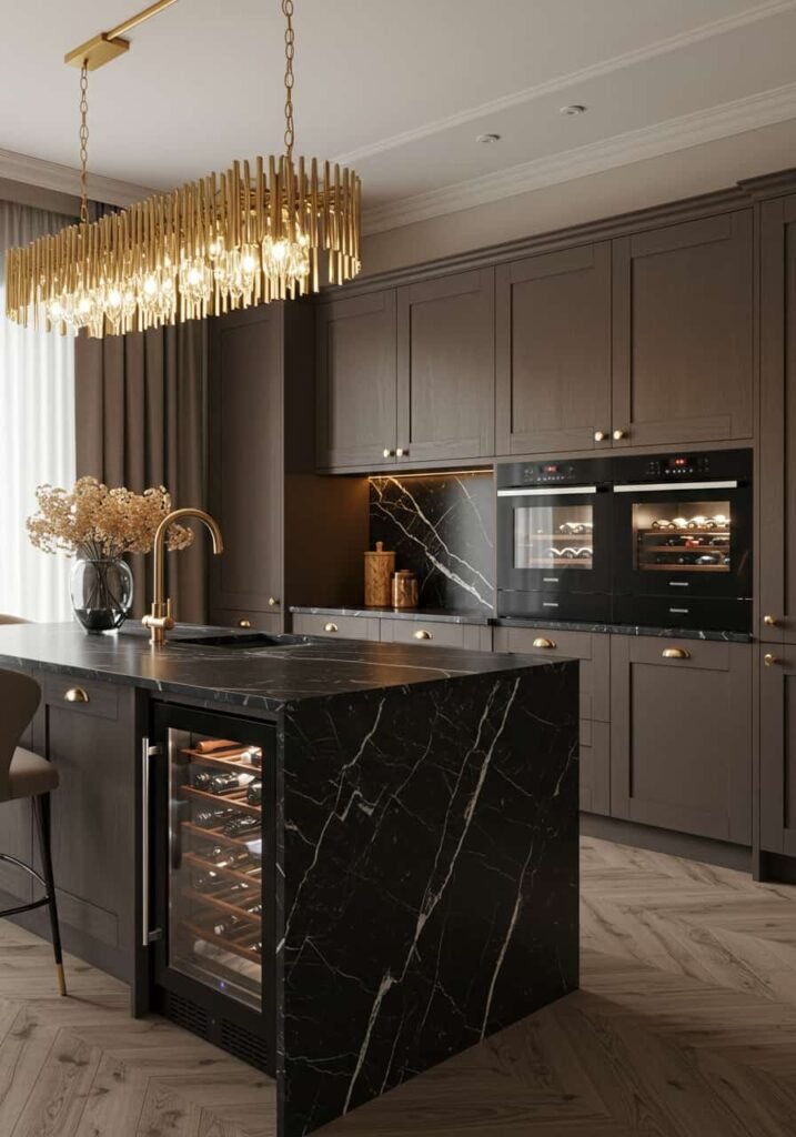 Luxury Kitchen with Gold Accents and Marble Countertops
