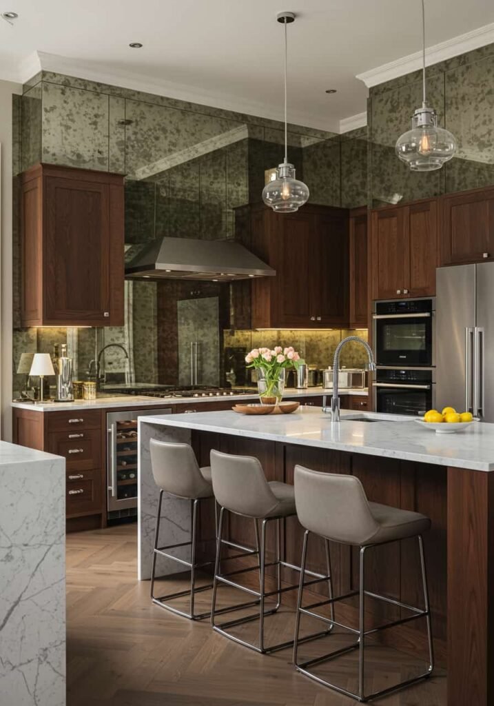 Luxury Kitchen with a Mirrored Backsplash to Enhance Light Reflection
