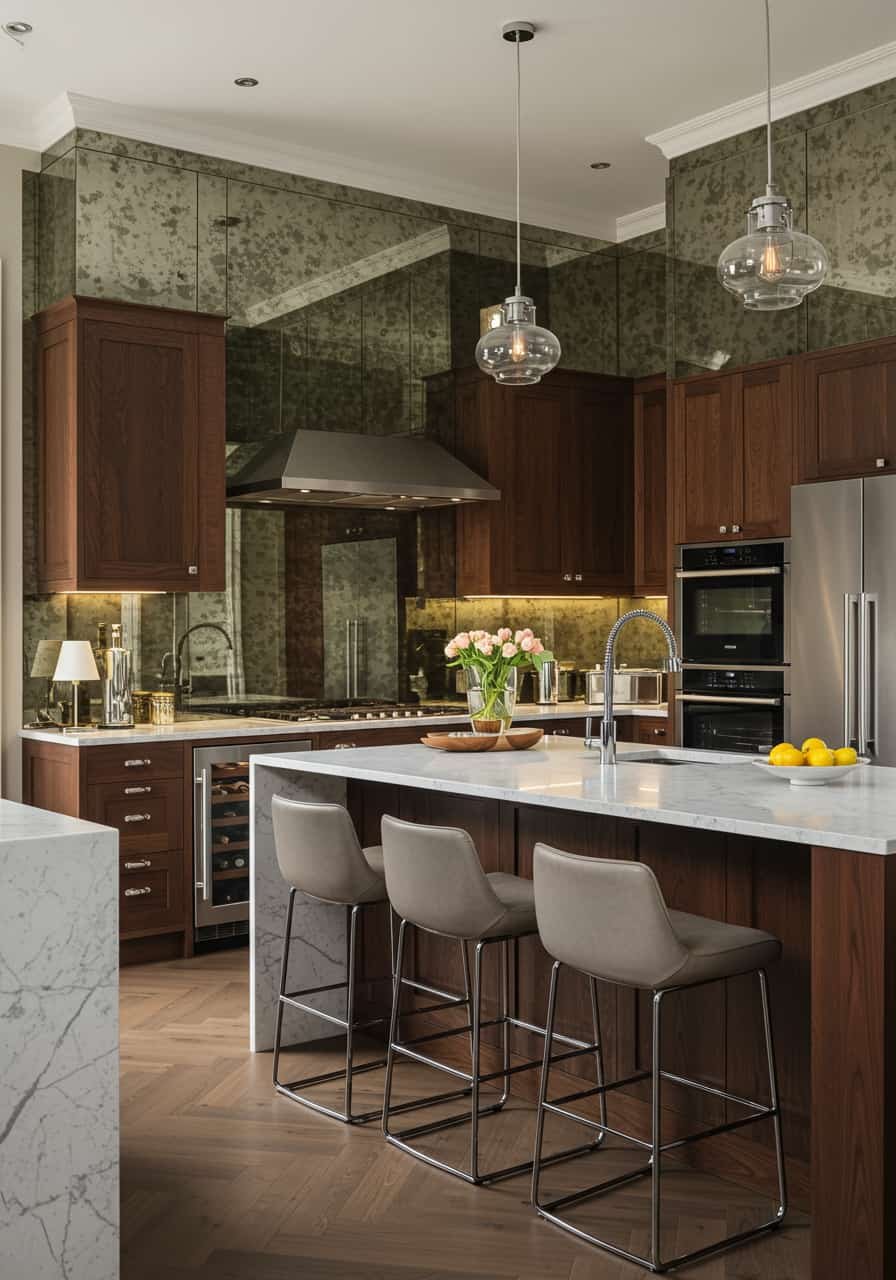 Luxury Kitchen with a Mirrored Backsplash to Enhance Light Reflection