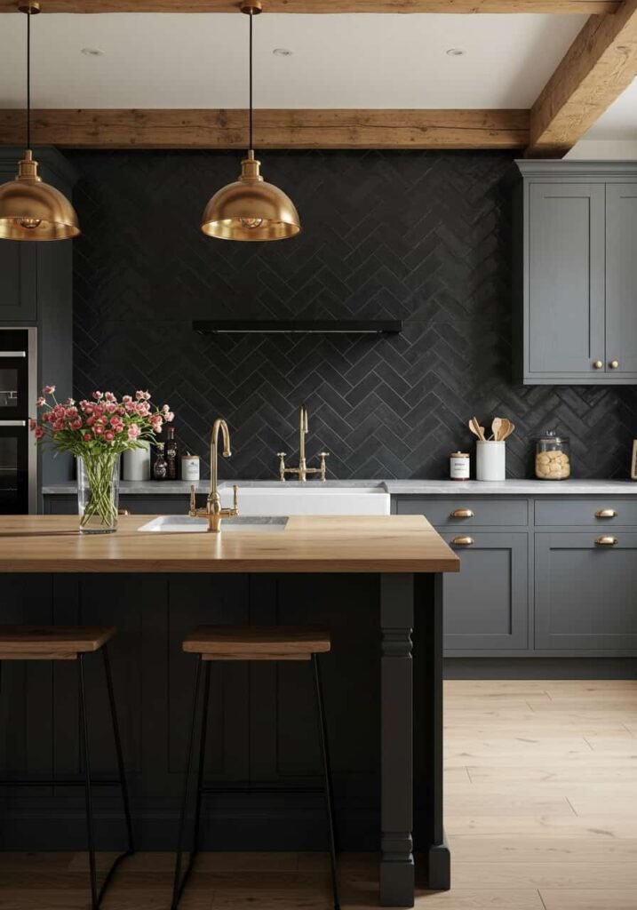 Matte Black Herringbone Tile Backsplash in a Contemporary Farmhouse Kitchen
