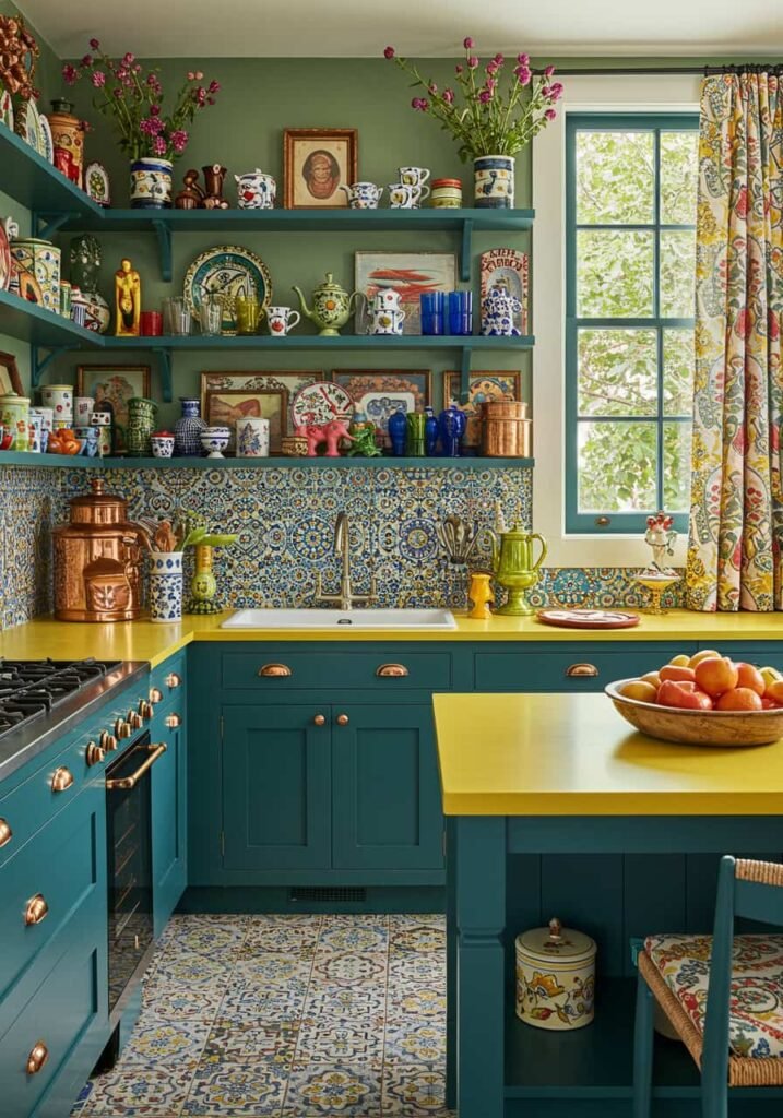 Maximalist Eclectic Kitchen with Bold Colors and Artistic Decor