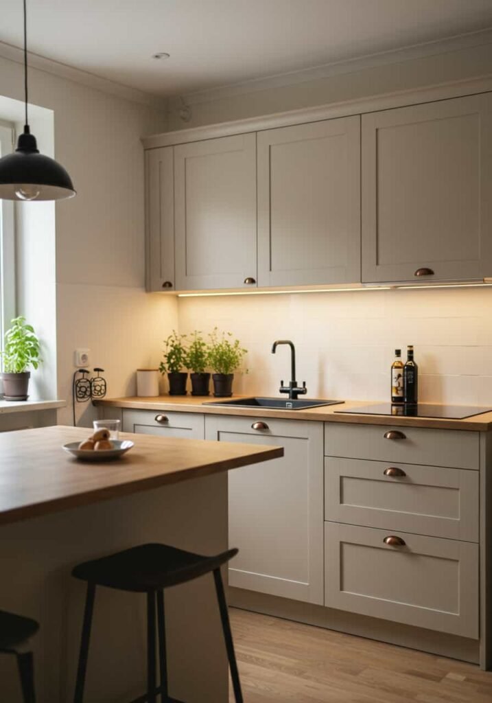 Minimalist Cozy Kitchen with Natural Wood and Soft Lighting