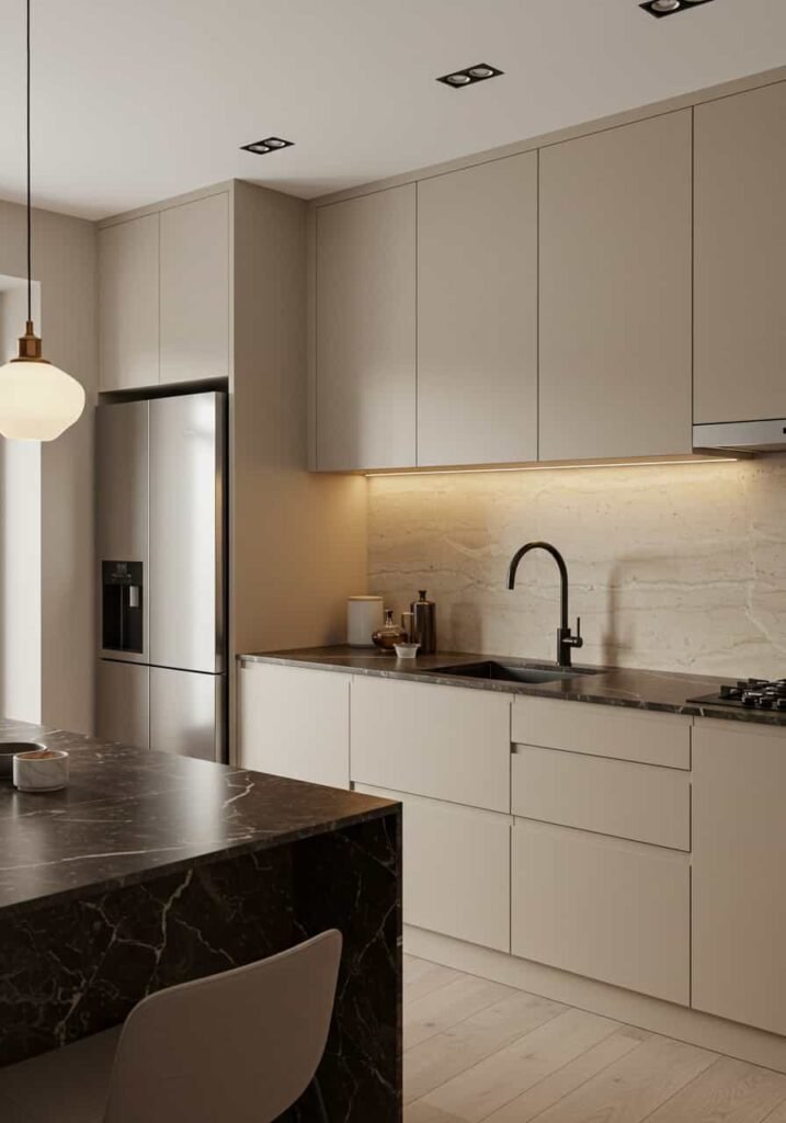 Minimalist Kitchen with Handleless Cabinets and a Continuous Stone Backsplash