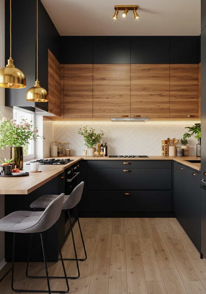  Modern Cozy Kitchen with Black and Walnut Accents
