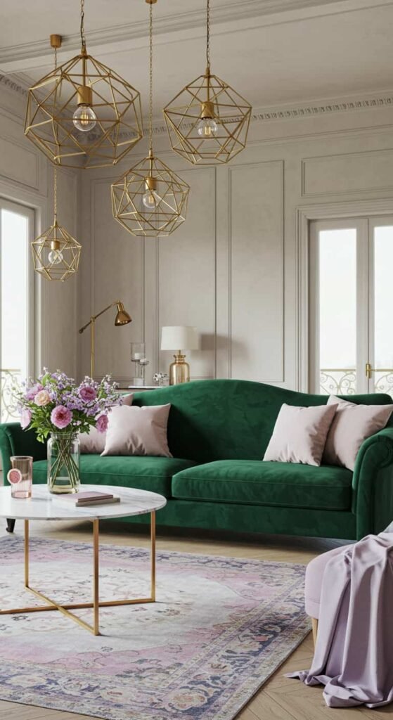 Modern French Country Living Room with Velvet Elegance
