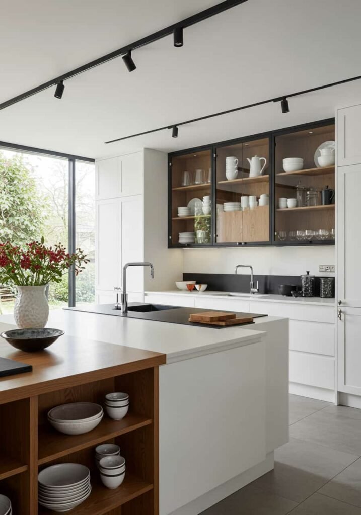 Modern Luxury Kitchen with Open Shelving and Glass-Front Cabinets
