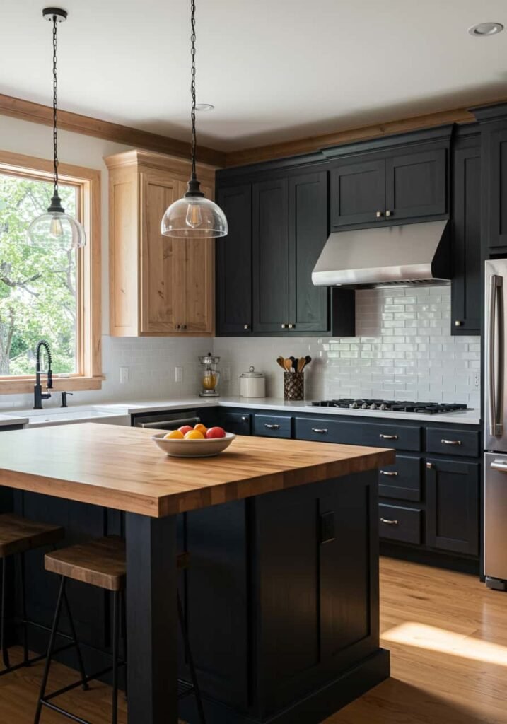 Natural Wood and Matte Black Cabinets for a Rustic Appeal
