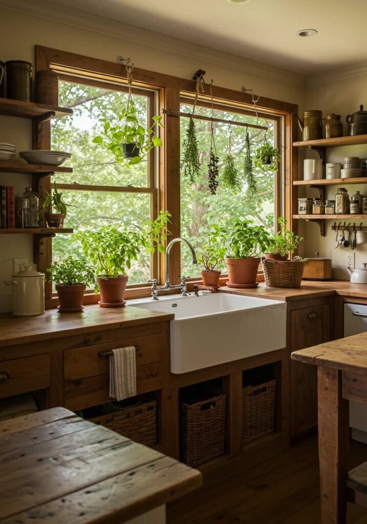 Nature-Inspired Kitchen with Wooden Shelving and Hanging Plants
