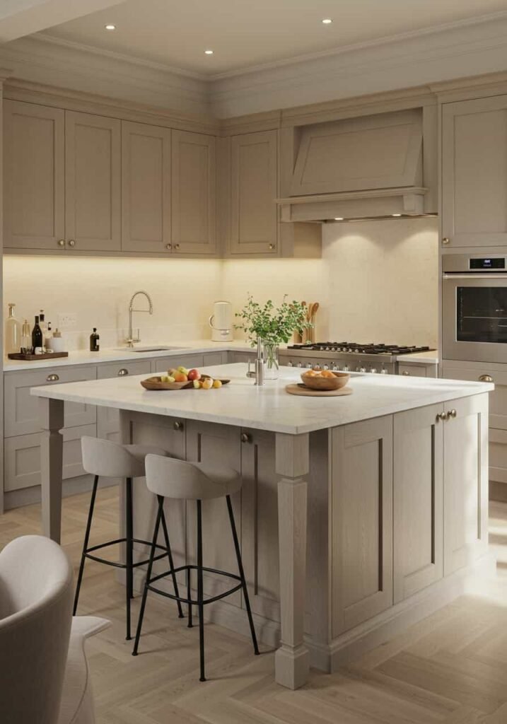 Neutral-Toned Luxury Kitchen with Beige and Taupe Cabinets and Warm Lighting
