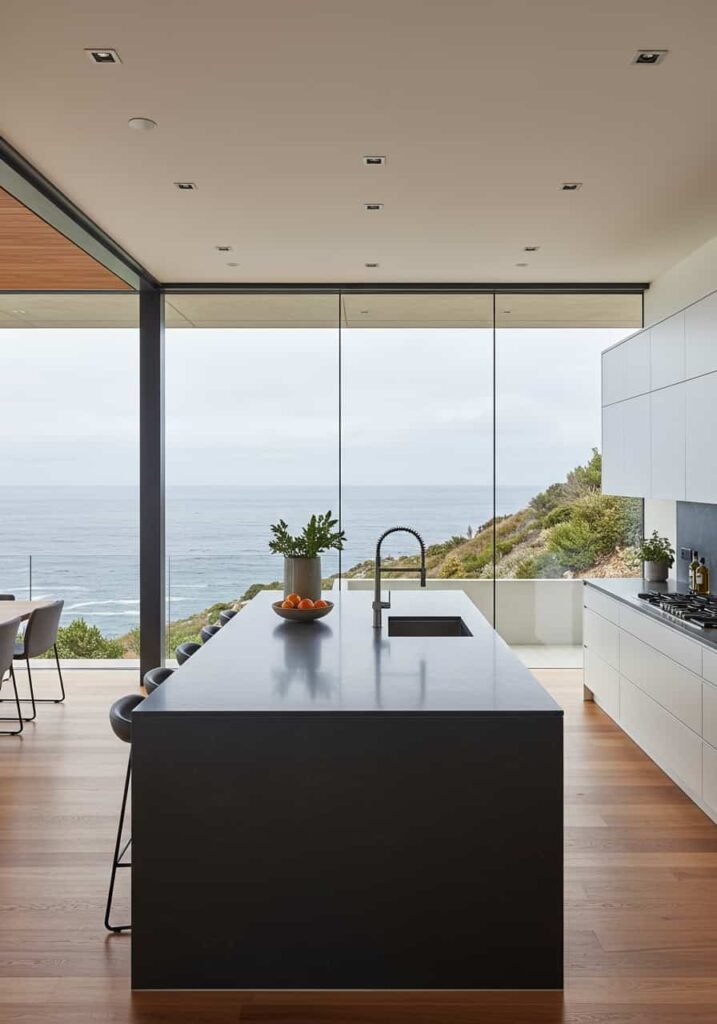  Open-Concept Luxury Kitchen with Floor-to-Ceiling Glass Windows and an Ocean View
