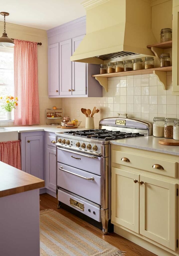 Pastel-Colored Country Kitchen with Checkered Curtains
