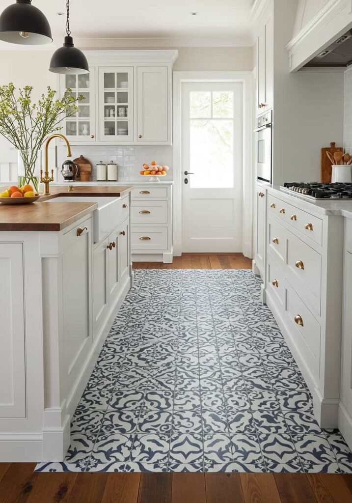 Patterned Tile Flooring in a Farmhouse Kitchen
