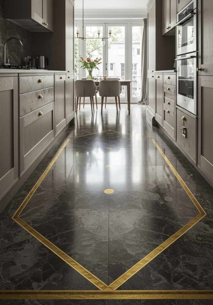 Polished Marble Flooring with Gold Inlays for a Sophisticated Look
