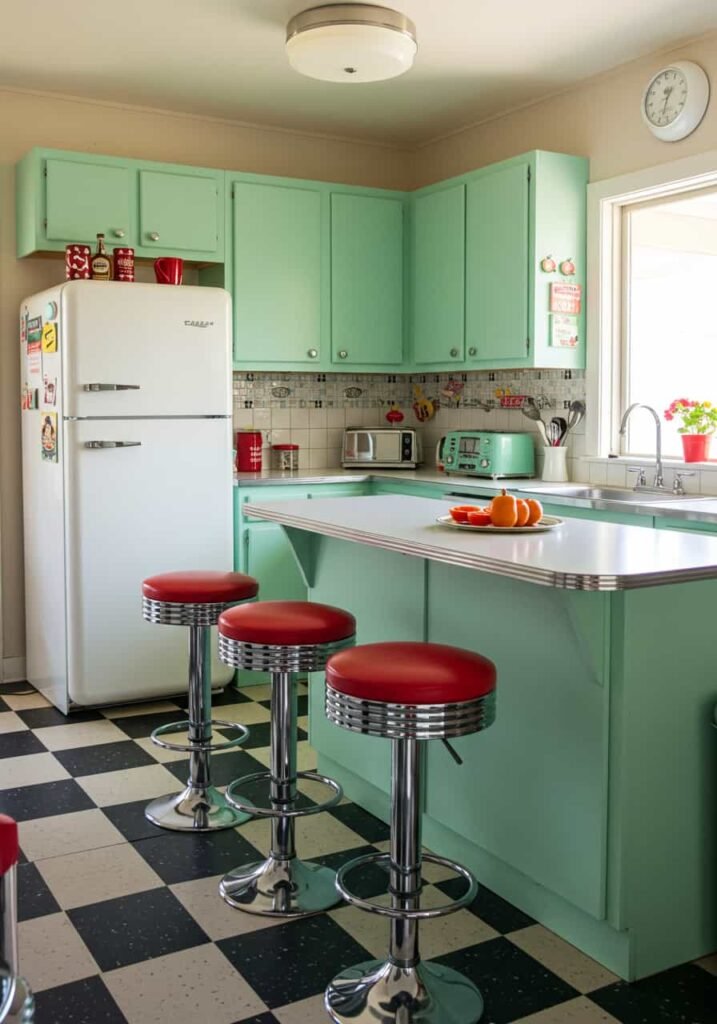 Retro Kitchen with Mint Green Cabinets and Diner-Style Accents
