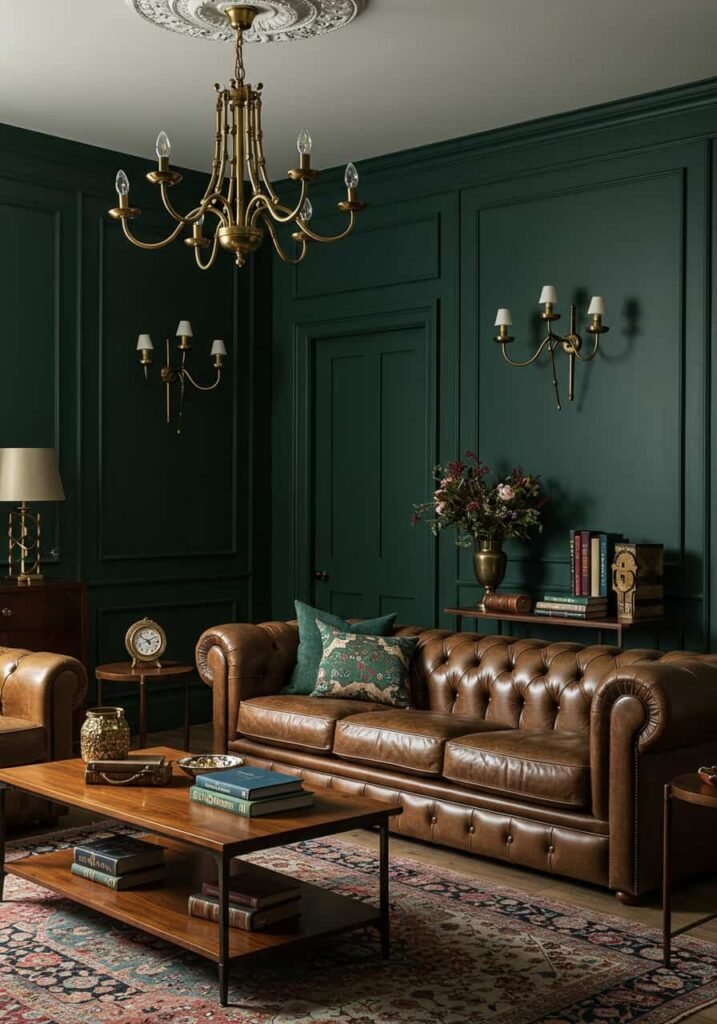 Rich Green Walls with Brass Accents
