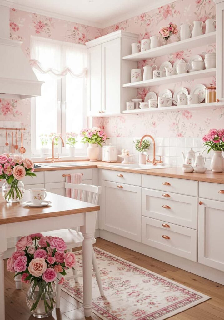 Romantic Pink and White Kitchen with Rose Gold Accents
