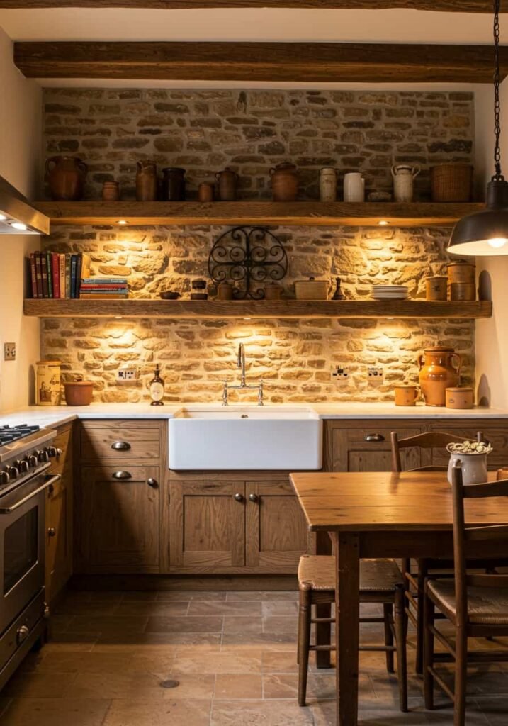 Rustic Kitchen with Stone Backsplash and Wrought-Iron Elements
