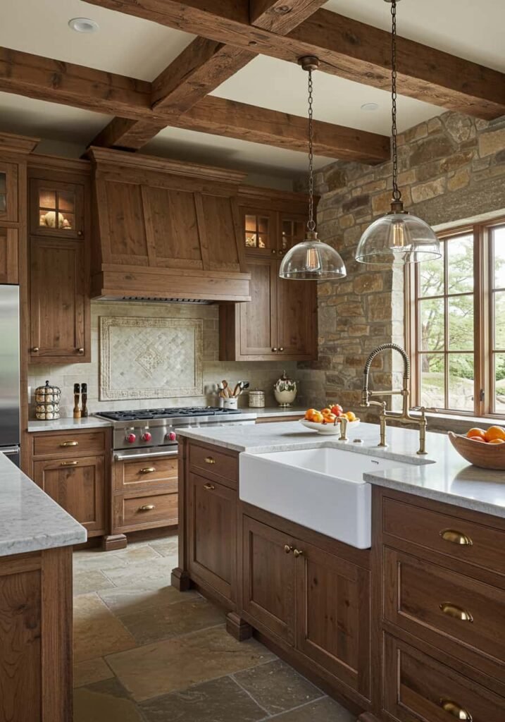 Rustic Luxury Kitchen with Exposed Beams and Stone Walls
