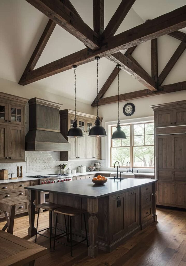 Rustic Wooden Beams and Black Iron Lighting Fixtures
