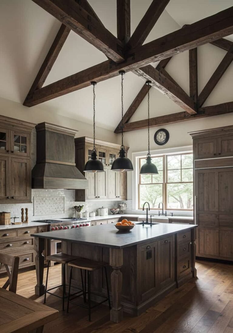 Rustic Wooden Beams and Black Iron Lighting Fixtures