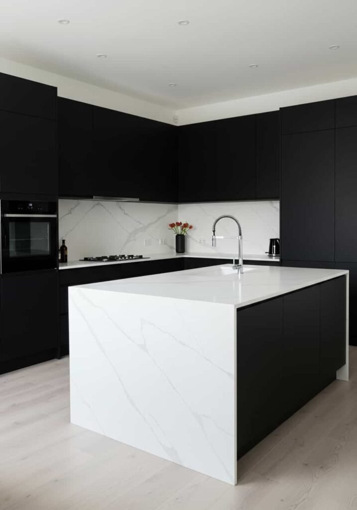 Sleek Black and White Kitchen with Matte Finishes
