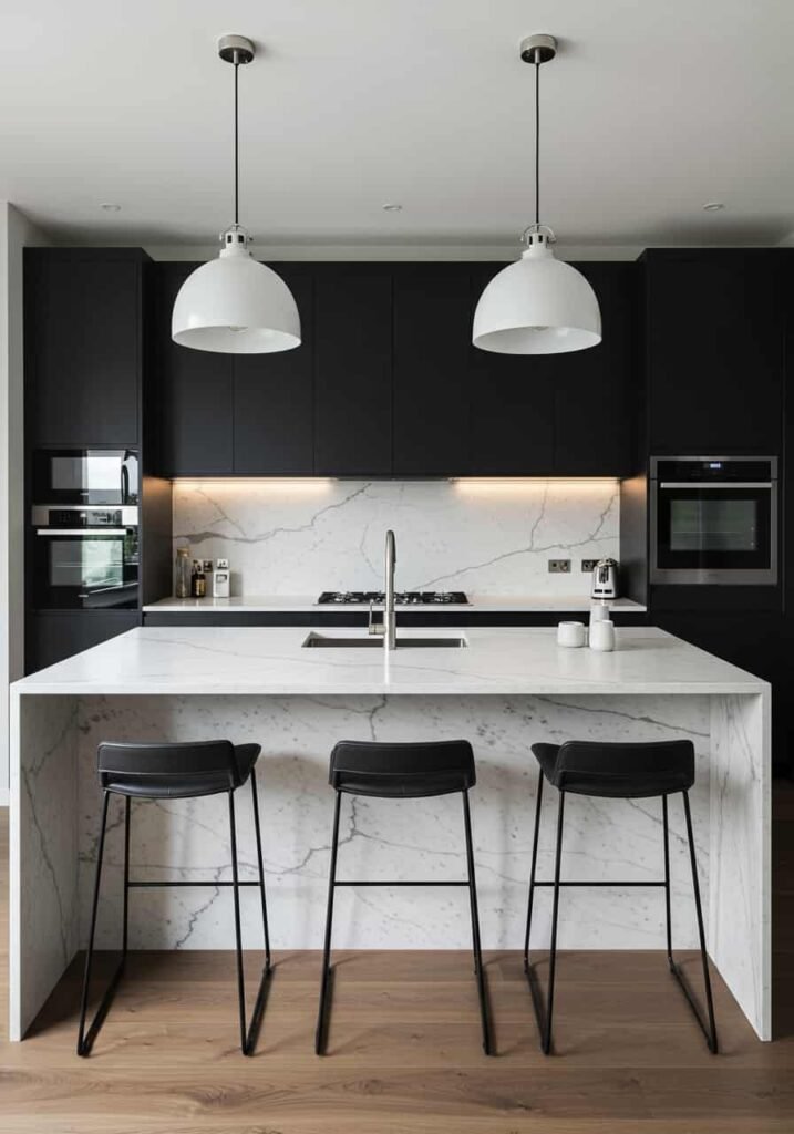 Sleek Modern Kitchen with White Marble and Matte Black Accents
