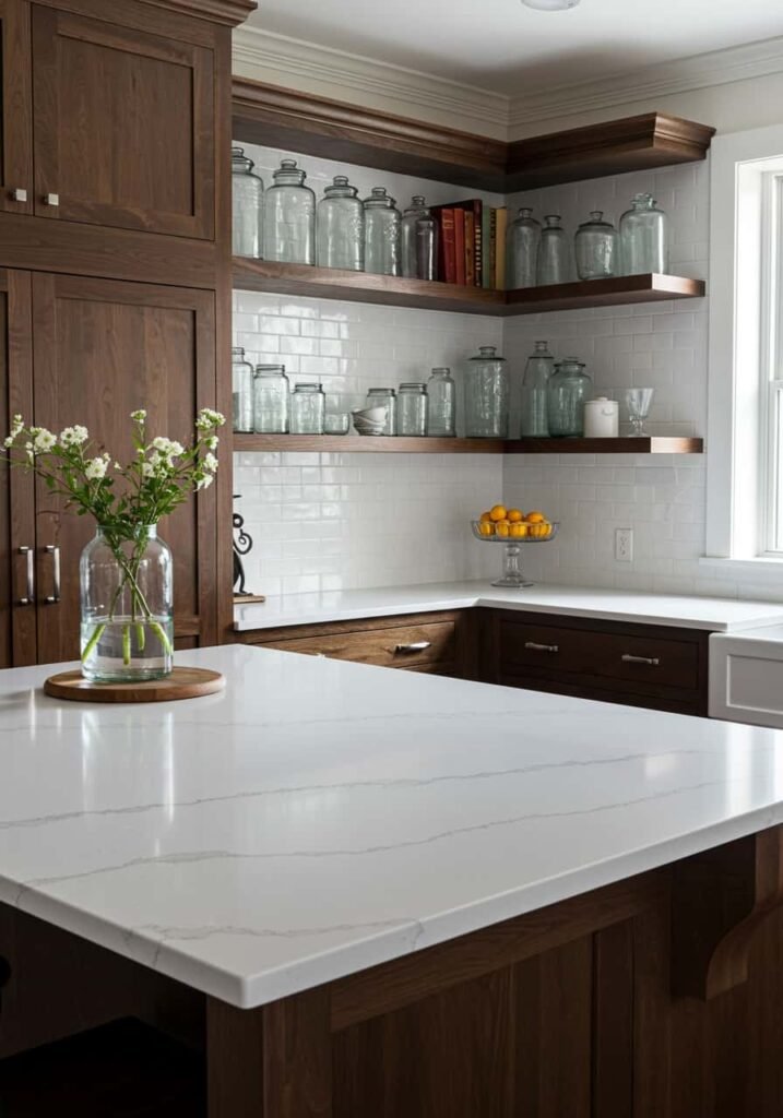 Sleek Quartz Countertops in a Farmhouse Kitchen
