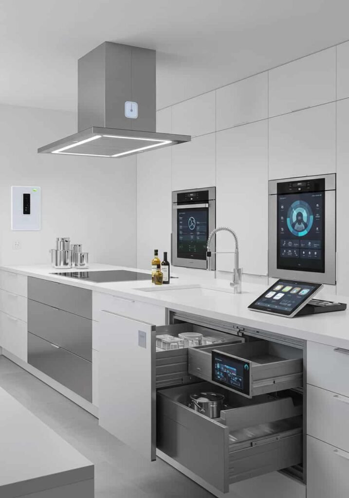 Smart High-Tech Kitchen with Touch-Screen Appliances and Automated Storage Solutions