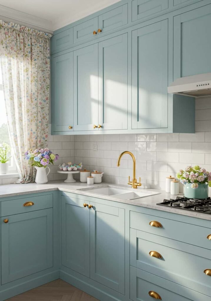 Soft Pastel Aesthetic Kitchen with Brass Accents
