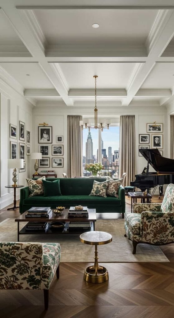 Sophisticated Formal Living Room with Coffered Ceilings
