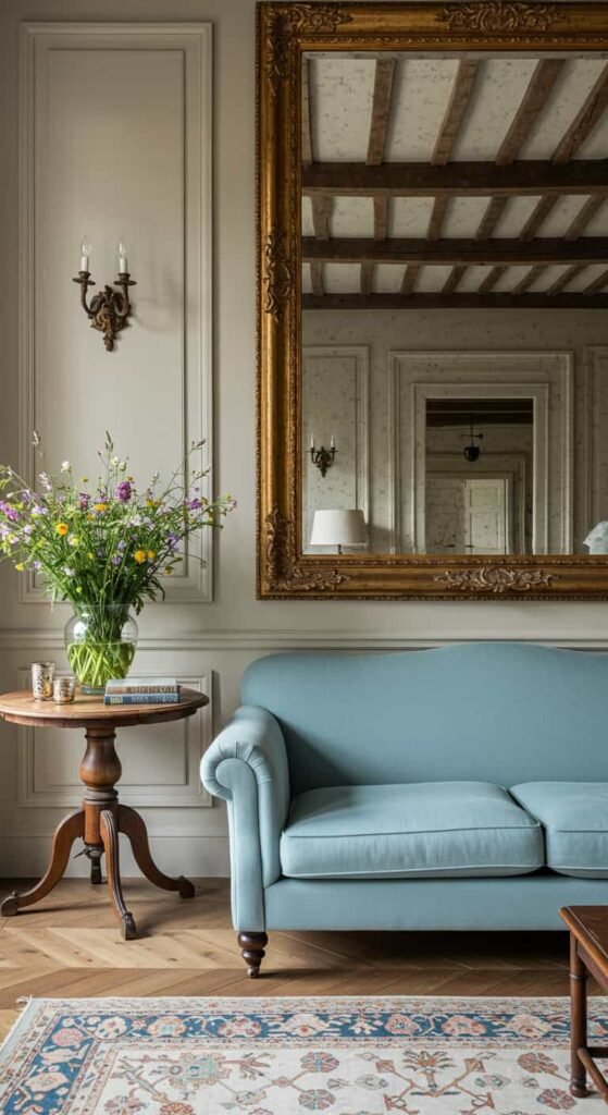 Sophisticated French Country Living Room with High Ceilings
