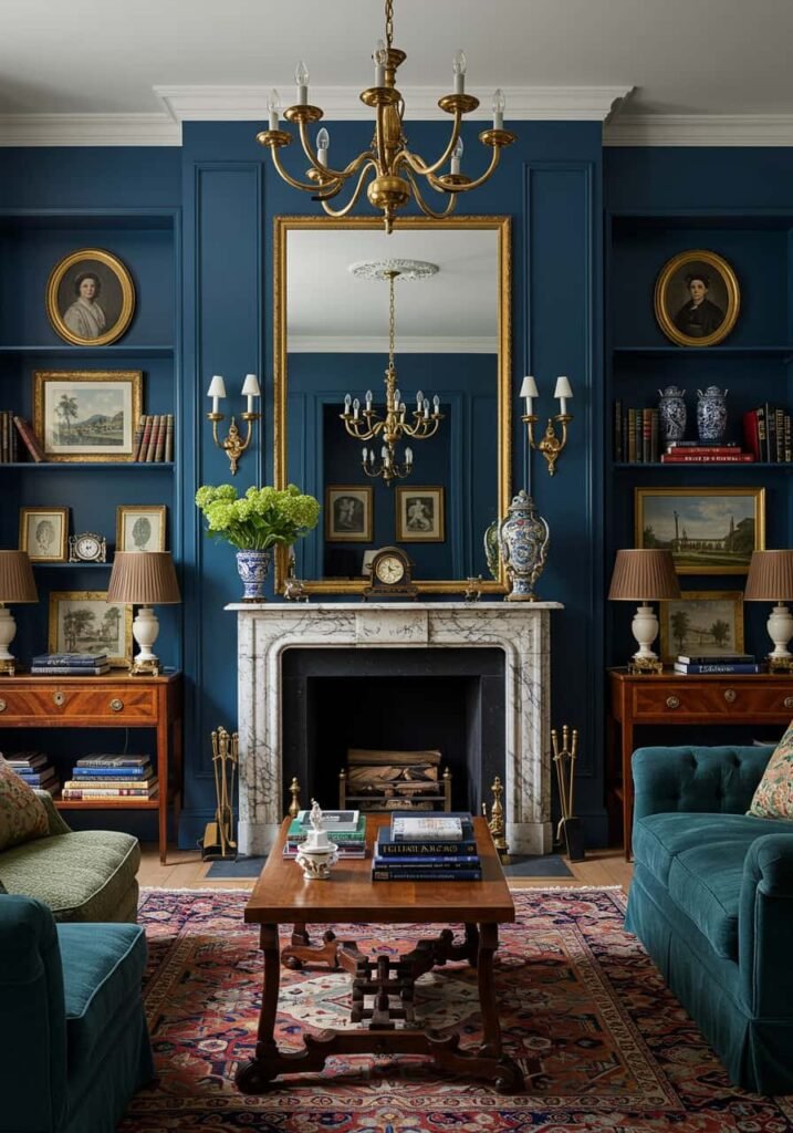 Sophisticated Living Room with Deep Blue Walls
