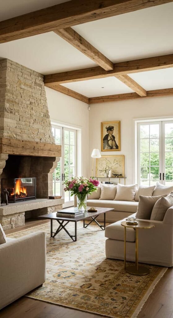 Spacious French Country Living Room with Modern Touches
