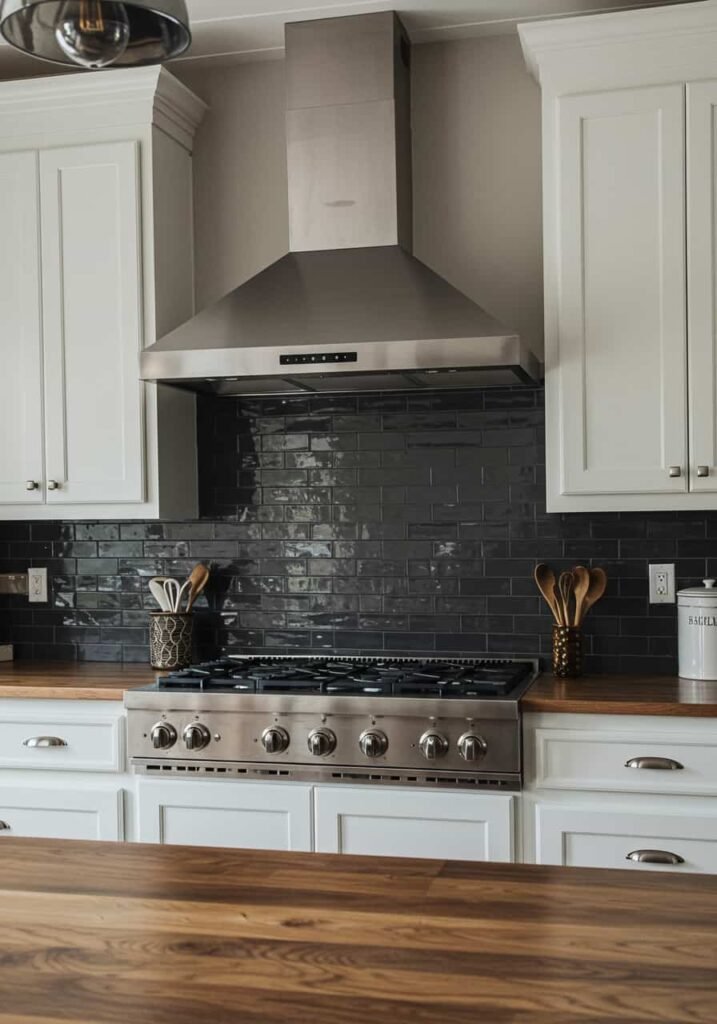 Subway Tile Backsplash with Dark Grout in a Modern Farmhouse Kitchen