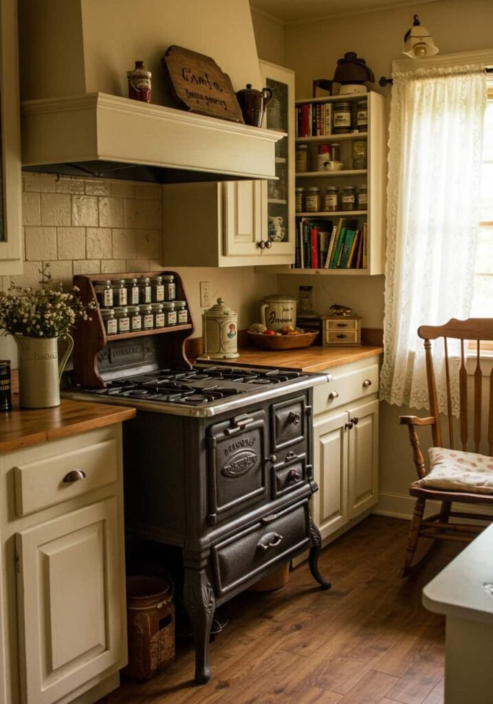 Traditional Kitchen with Cast Iron Stove and Lace Curtains
