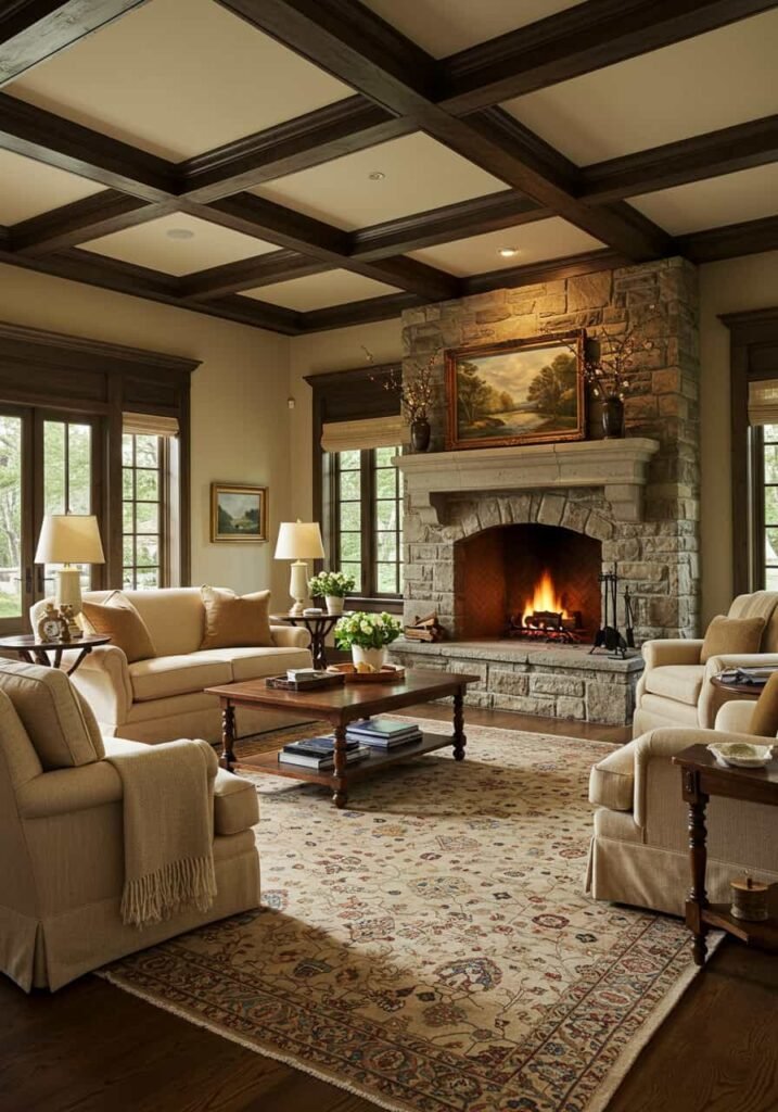 Traditional Living Room with a Stone Fireplace
