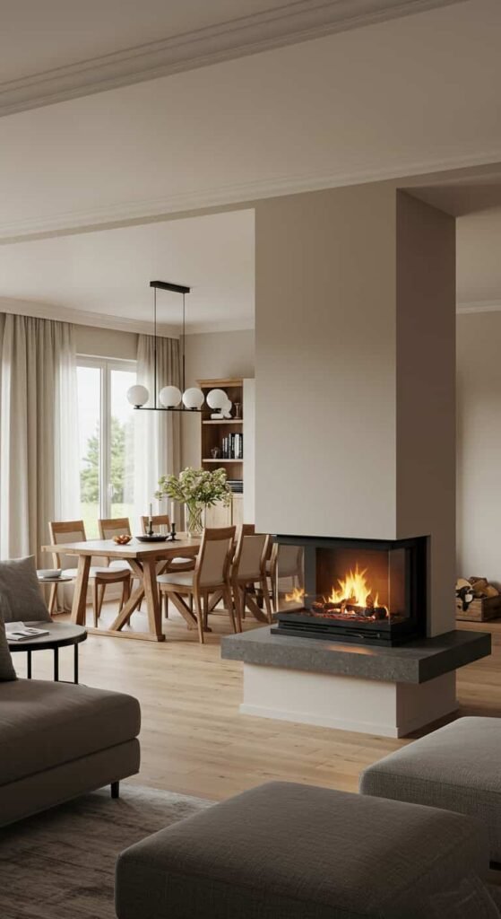 Transitional Living and Dining Room with a Fireplace Divider
