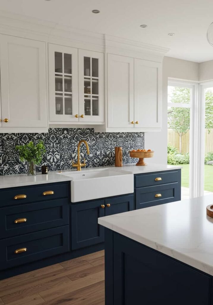 Two-Tone Farmhouse Kitchen Cabinets with Navy and White