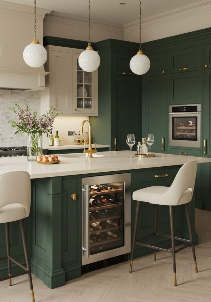 Two-Tone Kitchen Island with a Built-in Wine Cooler and Custom Bar Seating
