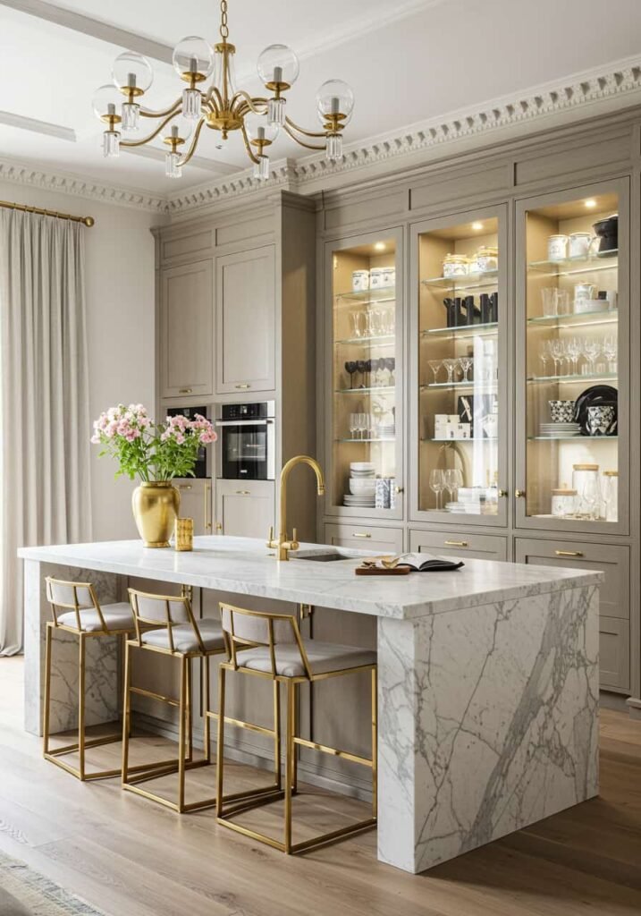 Ultra-Luxurious Kitchen with Floor-to-Ceiling Glass Cabinets