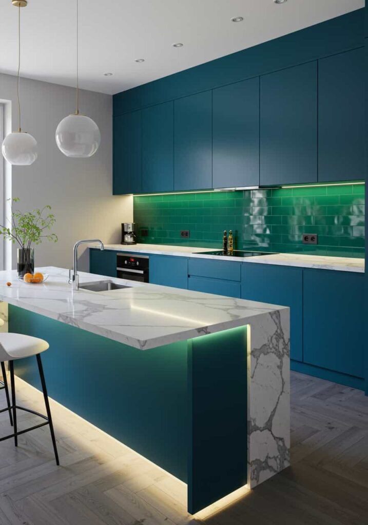 Ultra-Modern Kitchen with a Floating Island and Hidden LED Strip Lighting