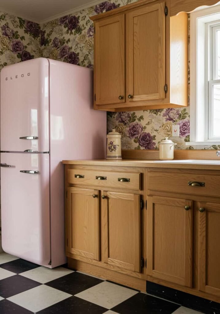 Vintage Kitchen with Retro Appliances and Checkered Flooring