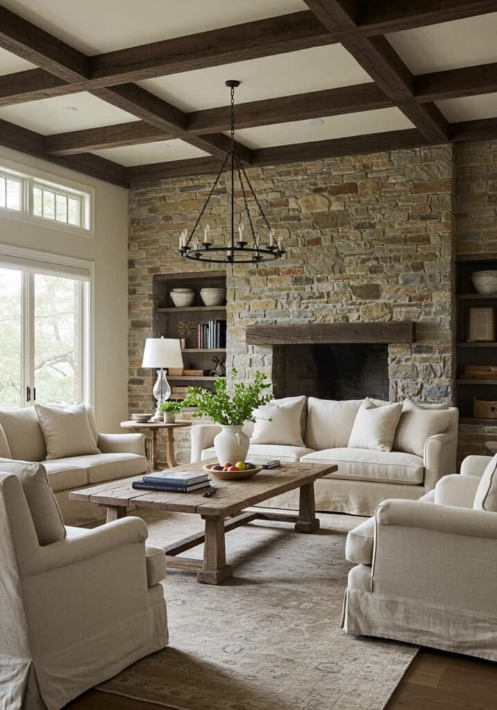 Dark Wooden Beams for Farmhouse Elegance
