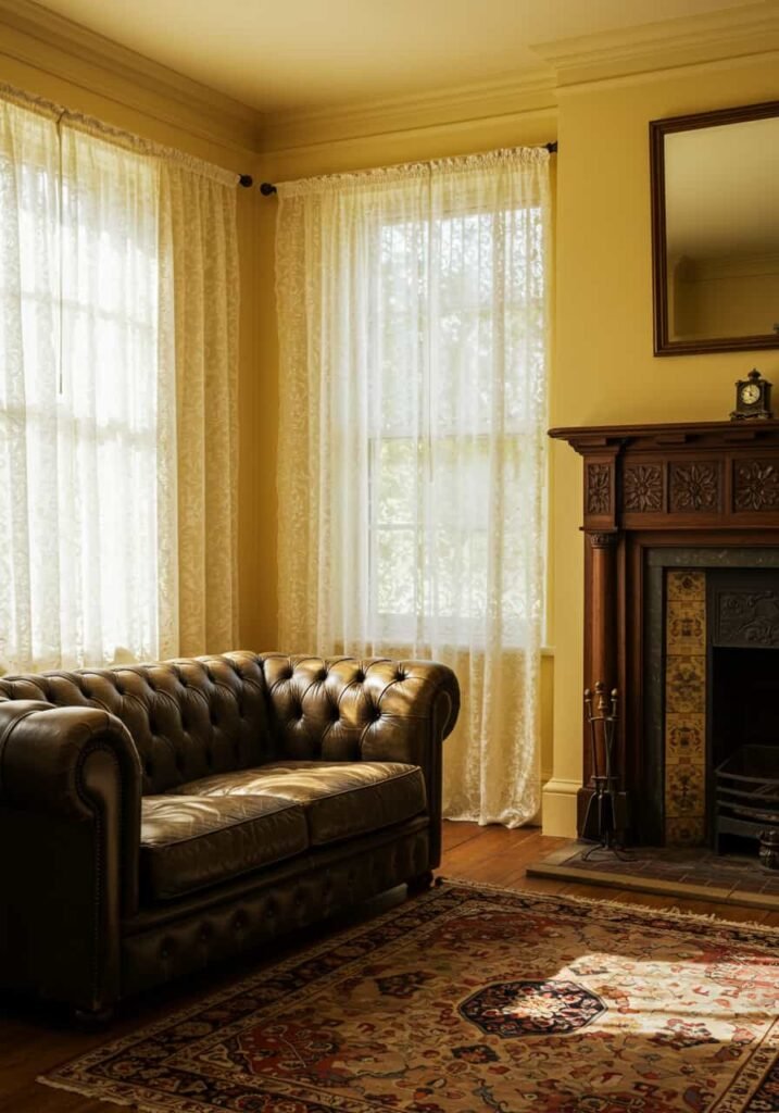 Warm Living Room with Vintage Sofa and Lace Curtains
