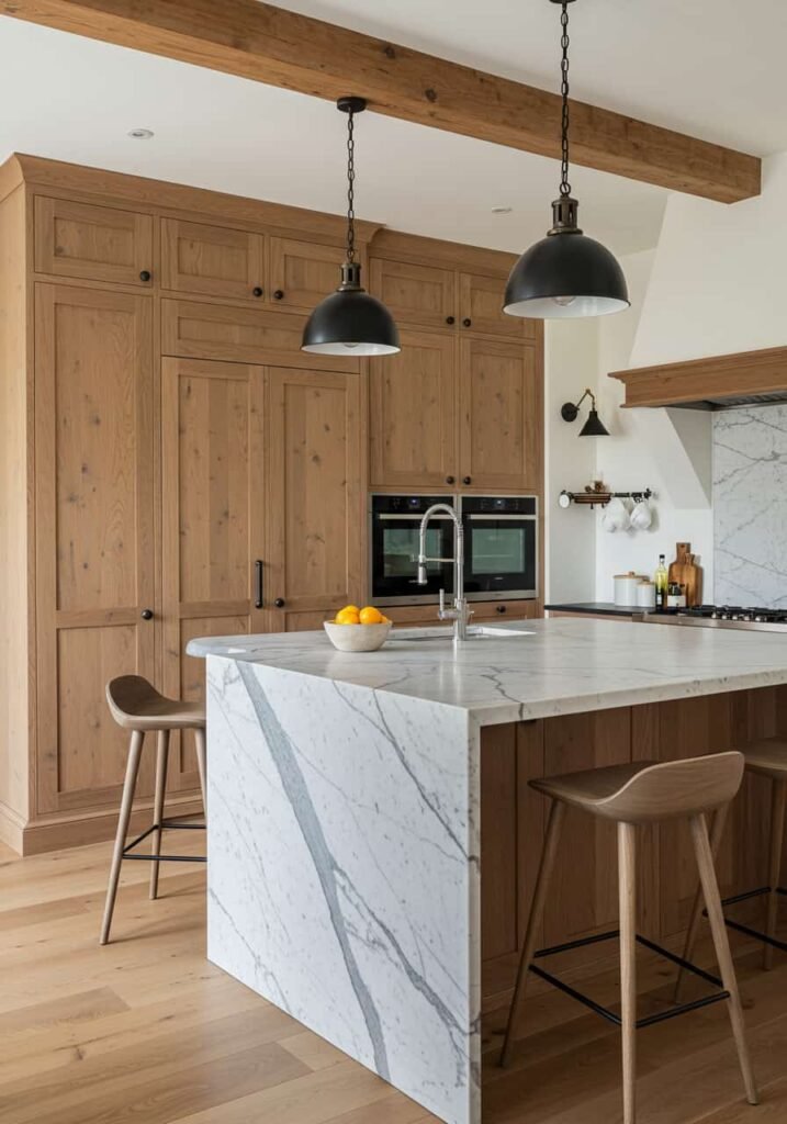 Waterfall Edge Marble Island in a Contemporary Farmhouse Kitchen
