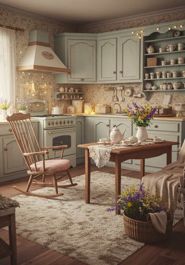 Whimsical Fairy-Tale Kitchen with Soft Pastel Hues and Warm Lights