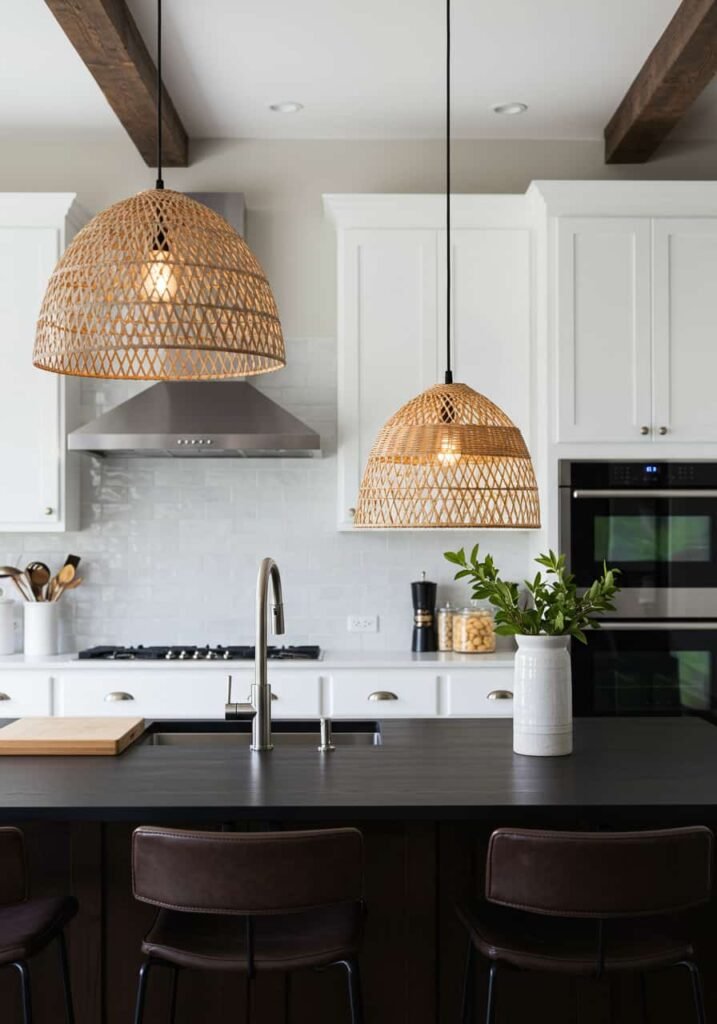 Woven Rattan Pendant Lights in a Contemporary Farmhouse Kitchen
